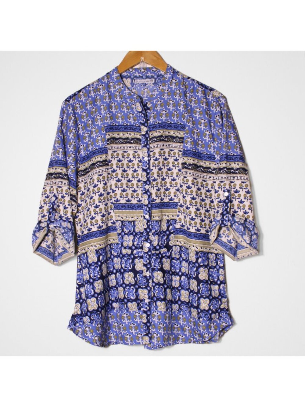 Amanda Blu Patchwork Floral Button Up Top Roll Rab Sleeve Cottagecore Blue M